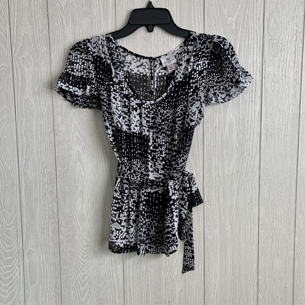 Worthington Petite Black White Sheer Ruffle Short Sleeve Tie Back Top Size PM